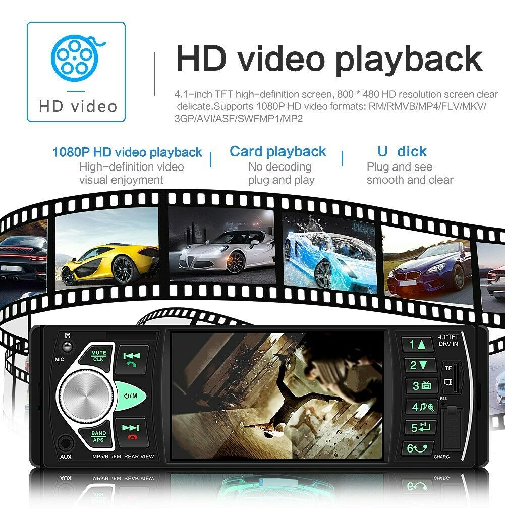 4.1 Inches Car Radio Stereo 1DIN Bluetooth FMB AUX Audio MP5 Player + Camera