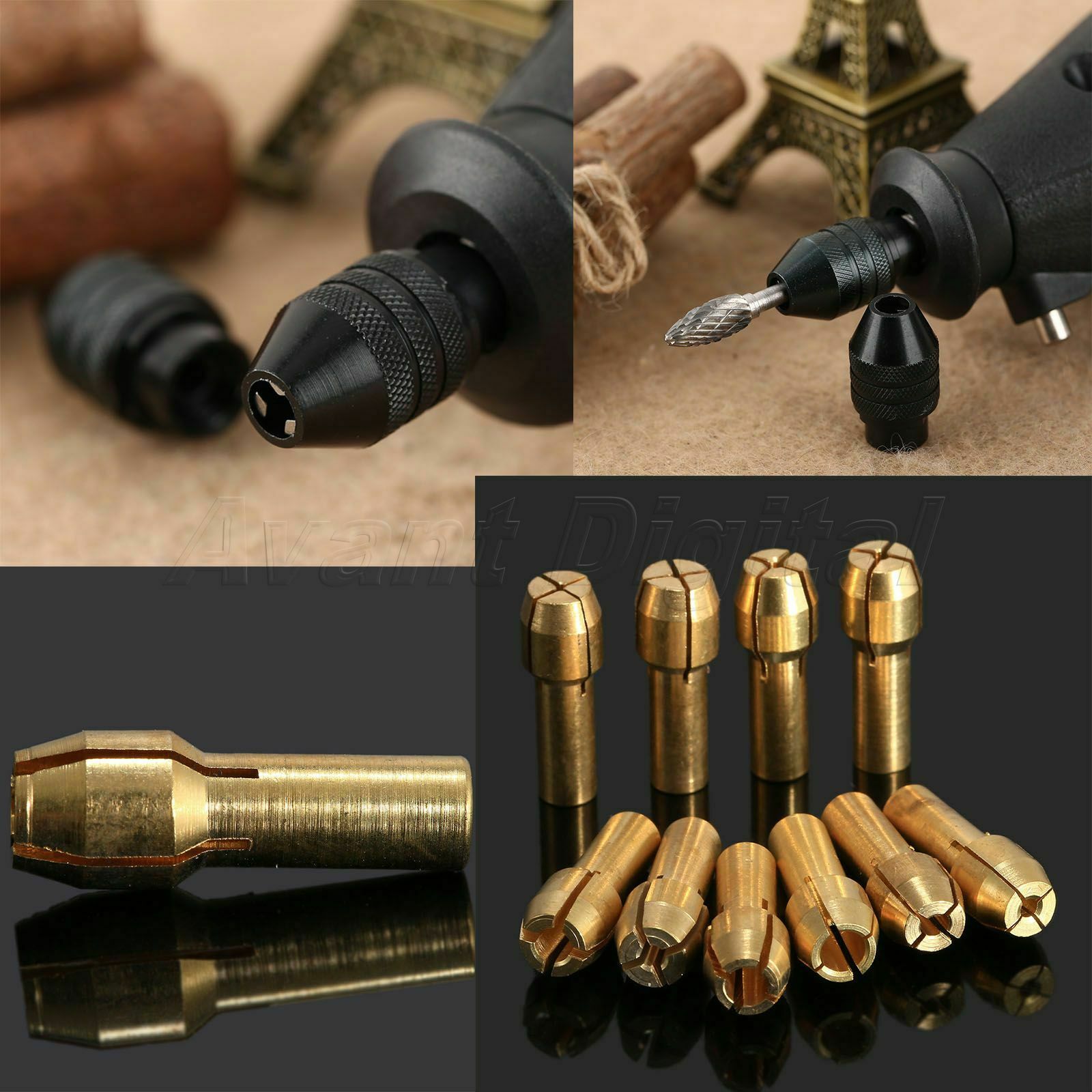 10pc Brass Collet Chuck 0.5mm-3.2mm & M8 Keyless Drill Chuck Rotary Tool Kit A8D