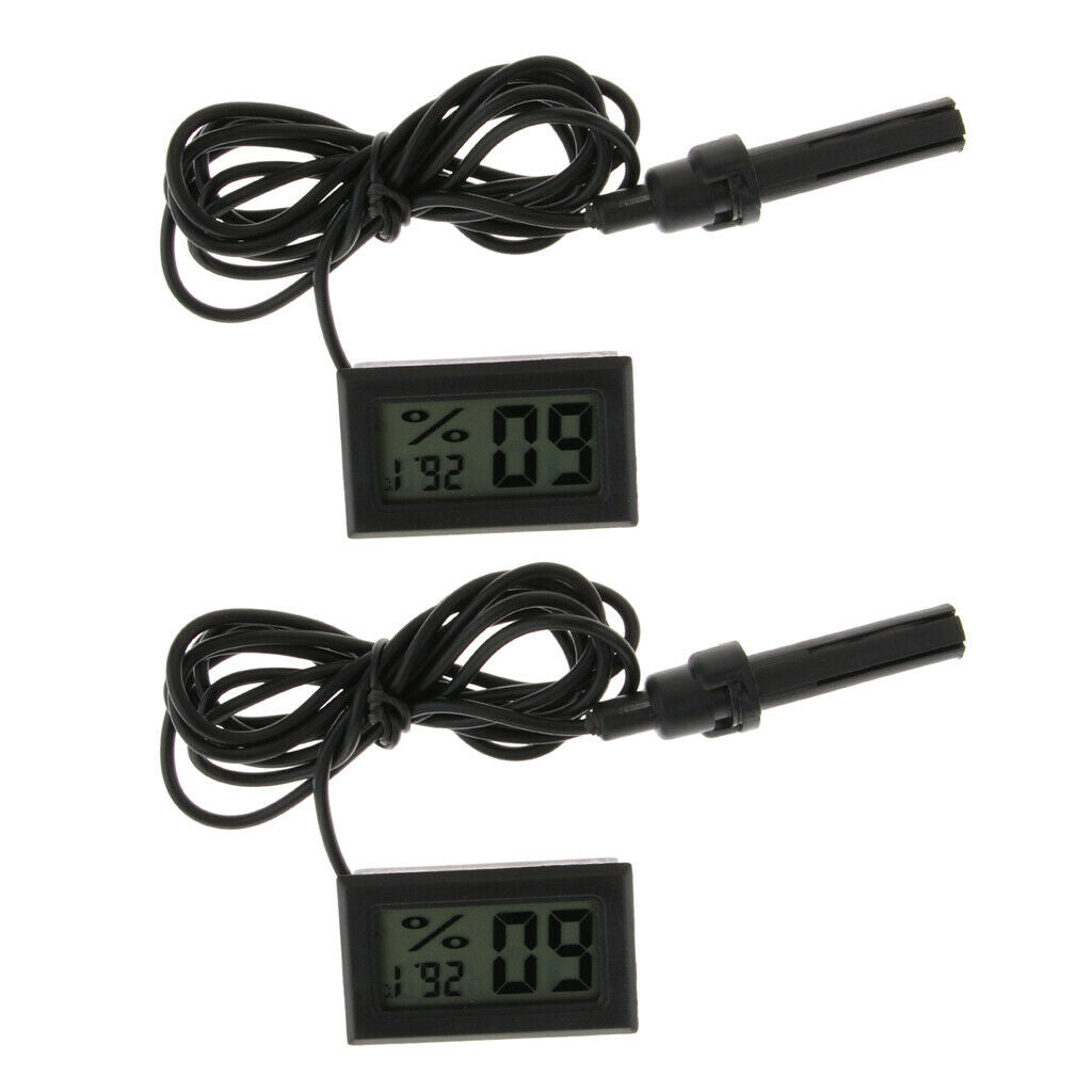 2pcs LCD Digital Reptile Thermometer Hygrometer with Probe Black