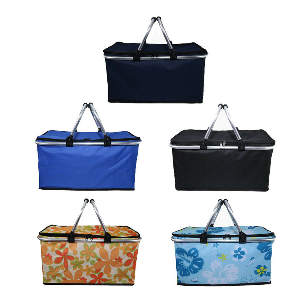Oxford Insulated Picnic Bag Collapsible Portable Cooler Basket Blue