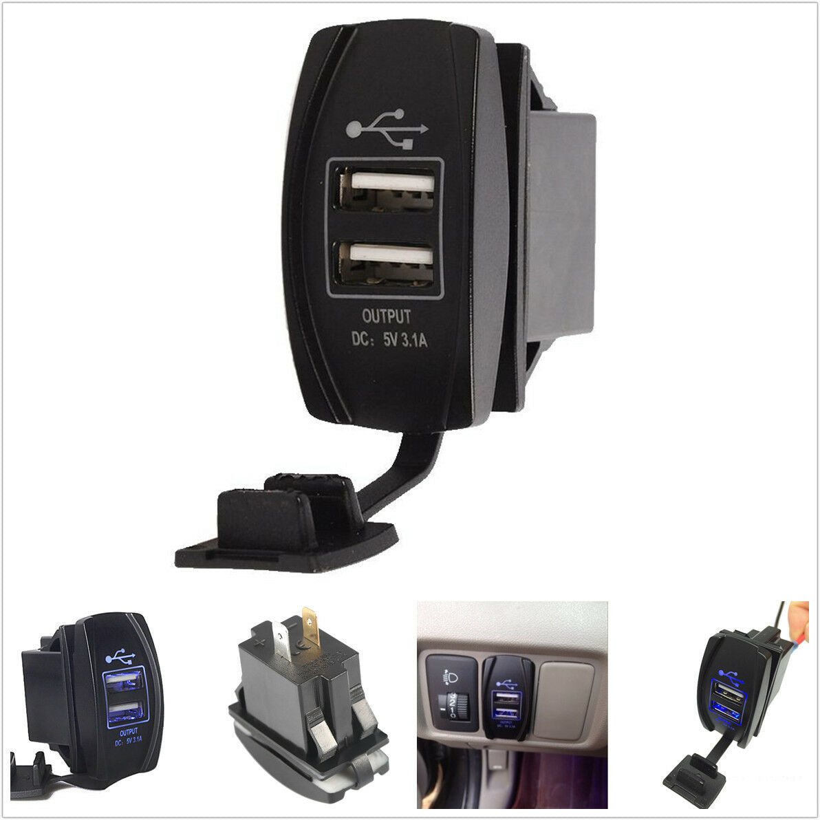 Car Boat Dual USB Charger Socket Power Carling ARB Rocker Switch Blue LED 12-24V