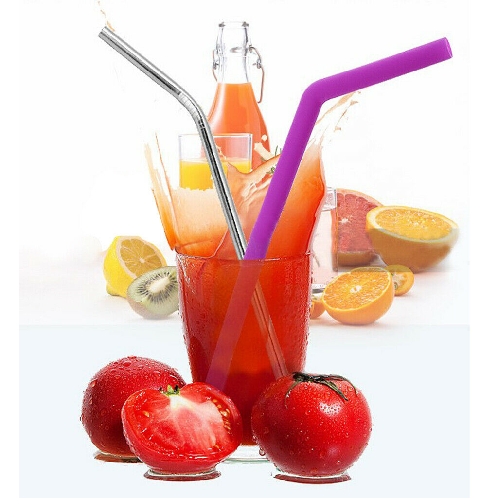 6 Pieces Silicone Drinking Straw Stainless Steel Cocktail Straws Reusable