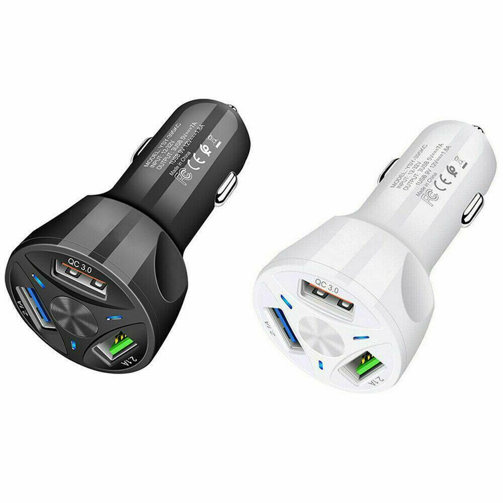 3-Port USB Car Charger Adapter LED Display Q 3.0 Fast Charging Accessories Black