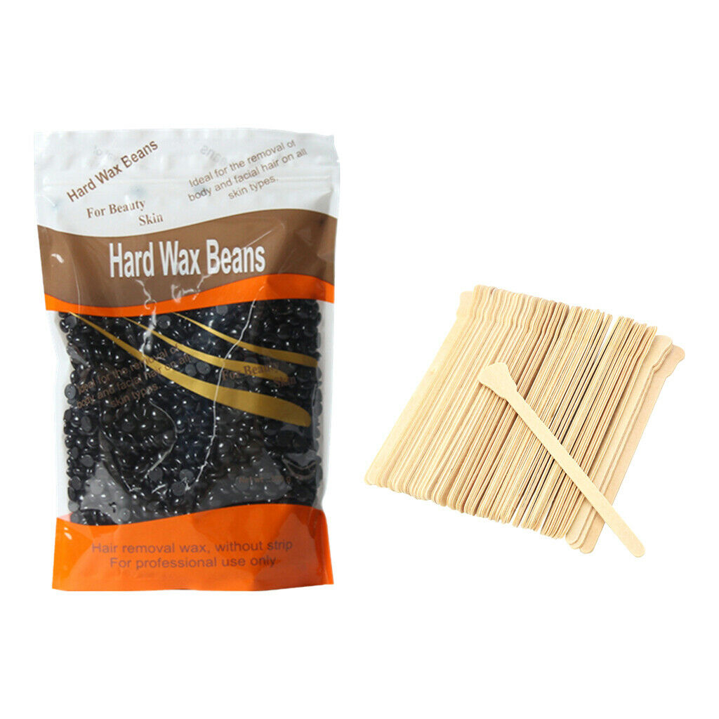 Depilatory Hard Wax Beans Beads Pellet Hair Removal with 50Pcs Wood Sticks