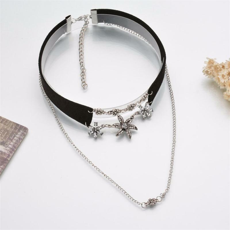 Double Chain Leather Collar Chain Choker Necklace Flower Crystal Pendant Jewelry