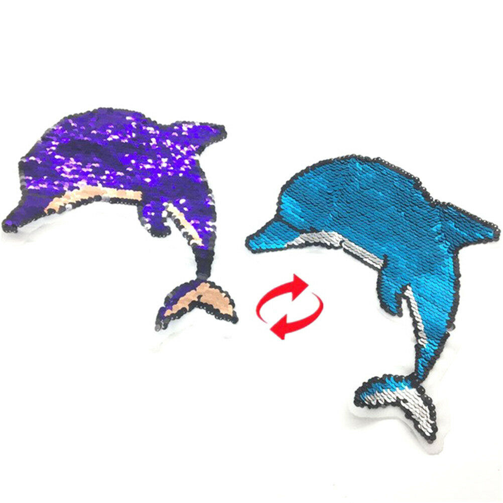 Dolphin Reversible Sequined Sew On Patches Embroidered Patch Applique  .l8