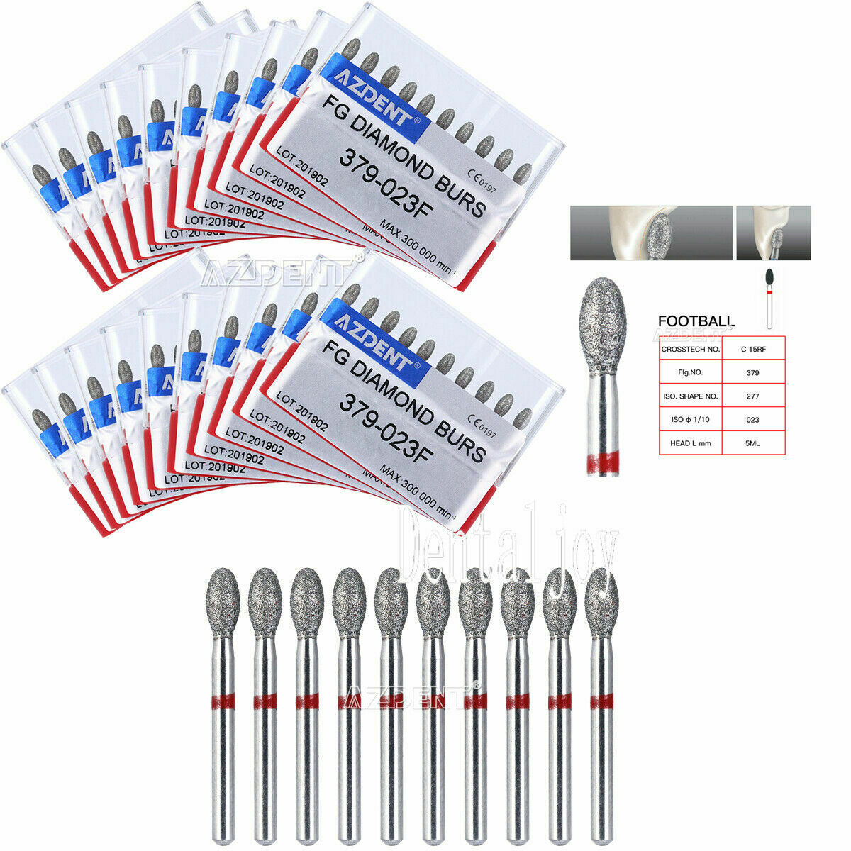 50X Dental Handpiece FG Diamond Burs Drill Football Egg #379-023F Fine 10pcs/Box