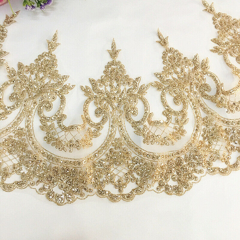 Glitter Fabric Floral Border Trim DIY Sewing Craft Shiny Wedding Dress Curtain