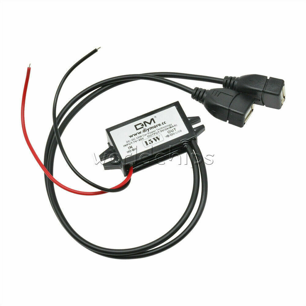 DC Converter 12V to 5V 3A Dual 2 USB Auto Power Regulator Voltage Step Down