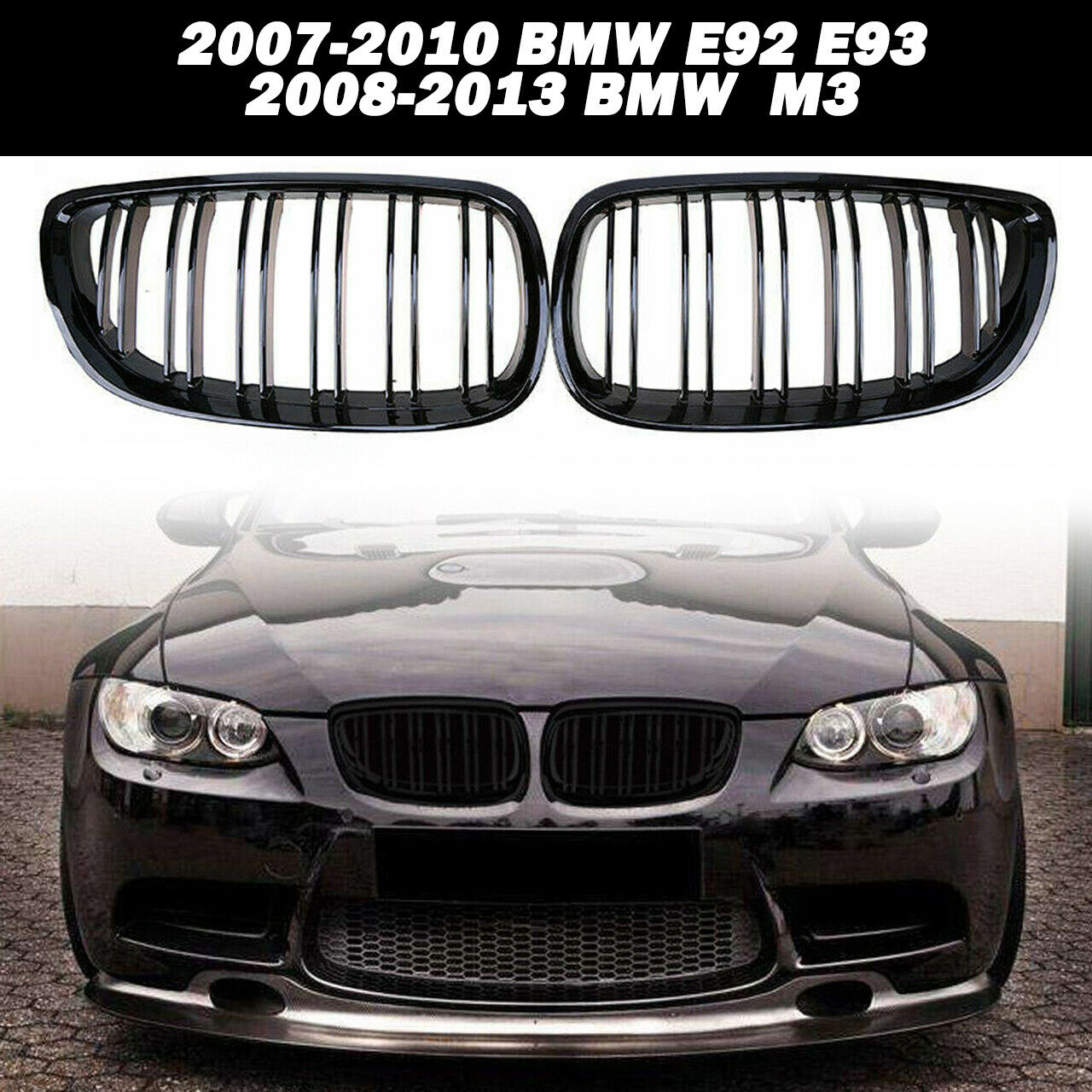 For BMW E90 E92 E93 328i 335i M3 2007-2011 Kidney Grille Gloss Black Dual Slat