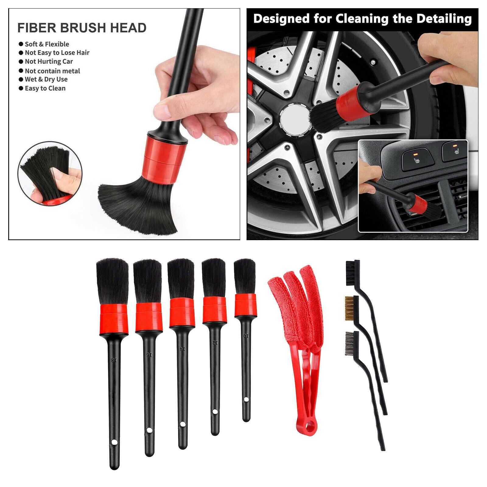9Pieces Car Detailing Brush Kit Automobile for Tires Wheel Clean Brush