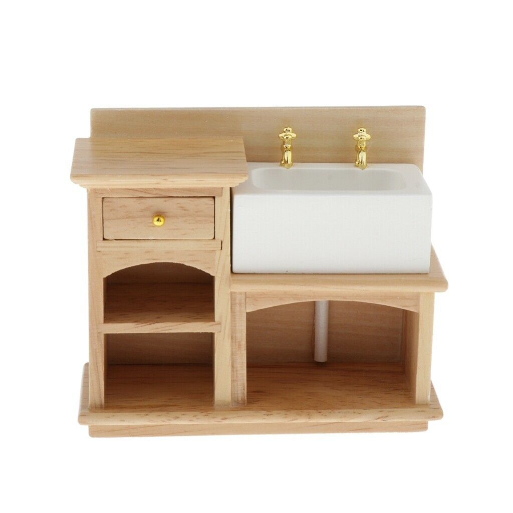 1:12 Handmade Wooden Hand Basin Sink Cabinet for Bathroom Kitchen Accessory