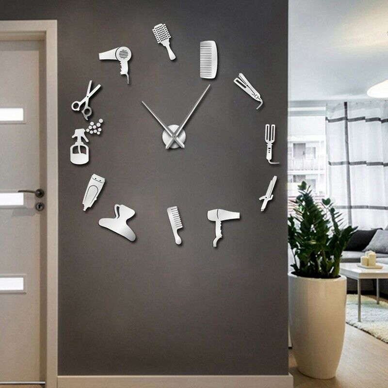Diy Barber Shop Giant Wall Clock with Mirror Effect Barber Toolkits DecorativeY8