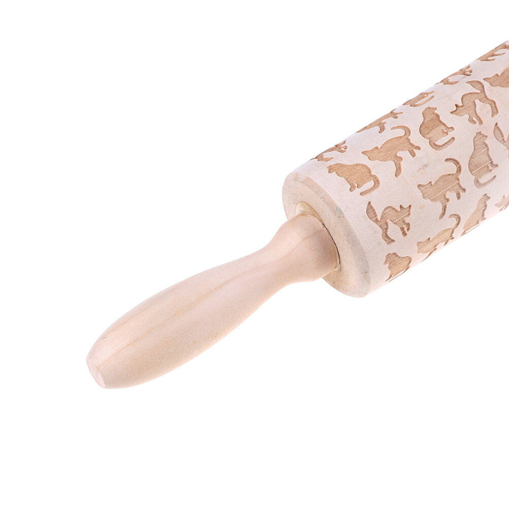 Cat Pattern Wooden Engraved Rolling Pin Cut Cookie Cake Pizza Baking Tool tdJ SJ