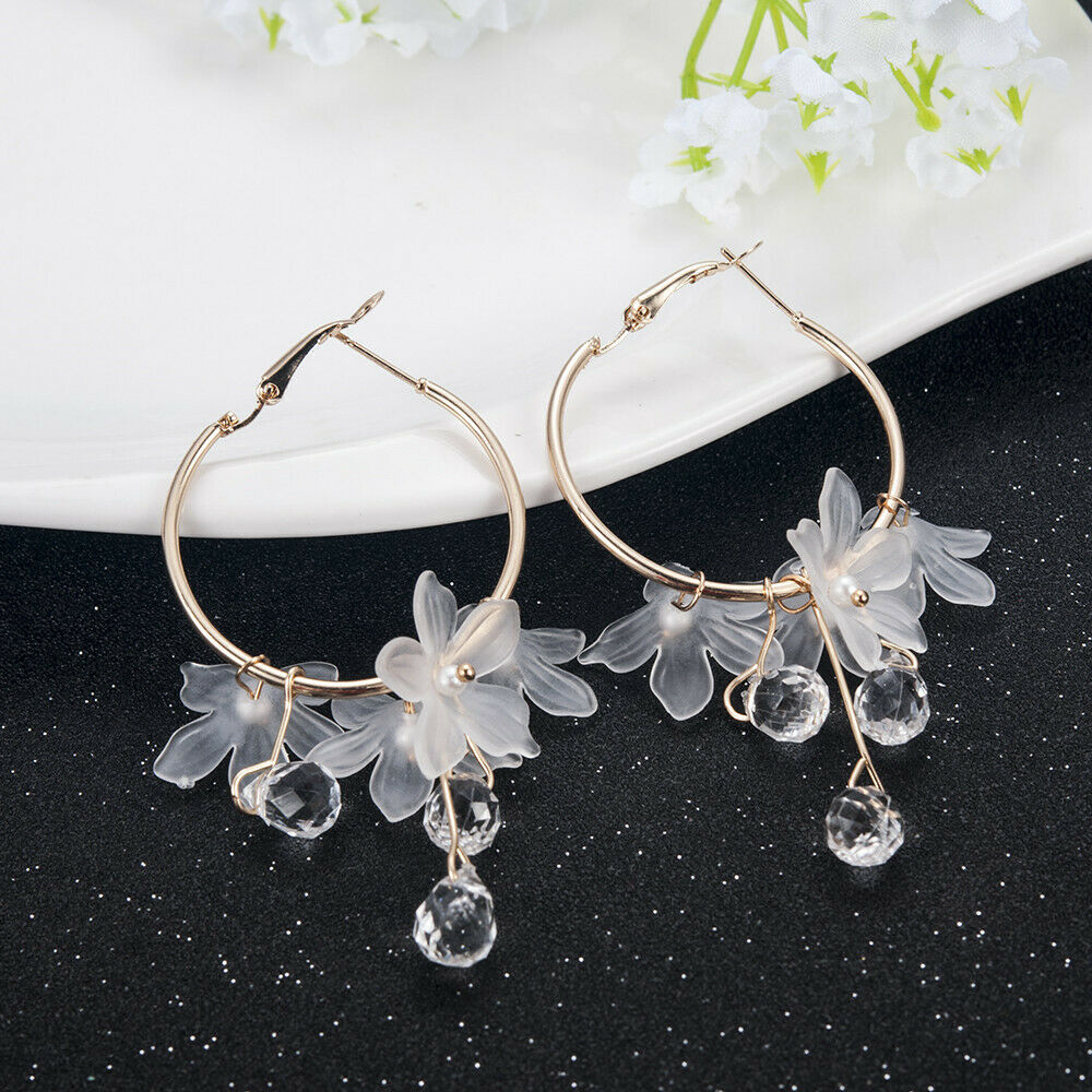 White Drop Earrings Crystal Tassel Dangle Acrylic Flower Women Jewelry Accessory