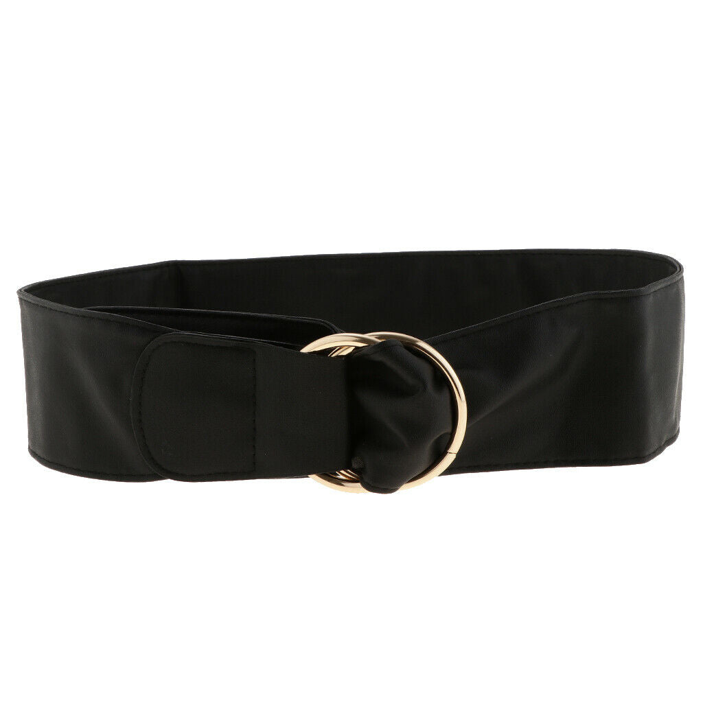 Women Girdle Double Round Buckle Waistband Retro PU Leather Belly Belt Black