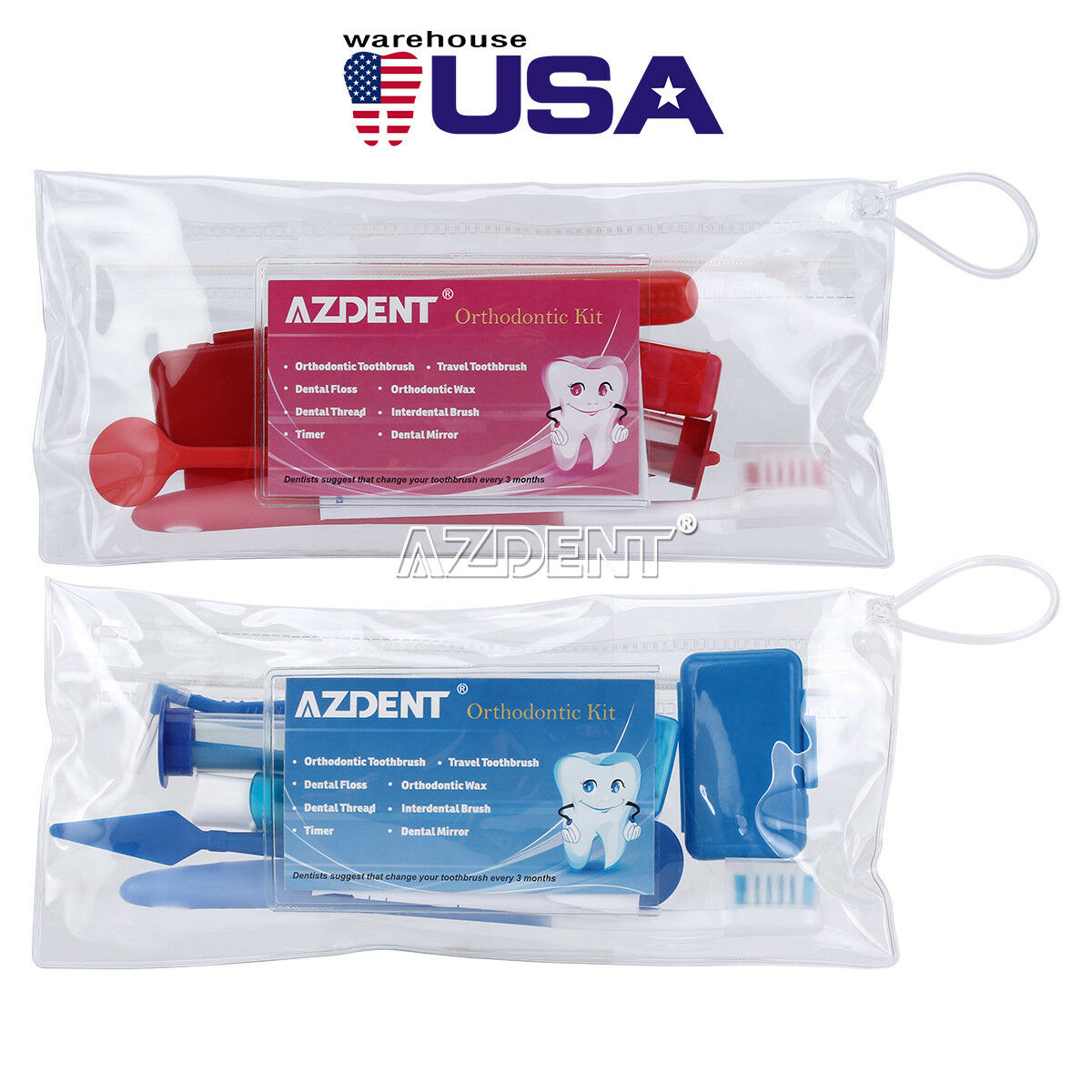 10xAZDENT Dental Orthodontic Oral Care Kit Brush Ties Toothbrush 8Pcs/Kit Blue