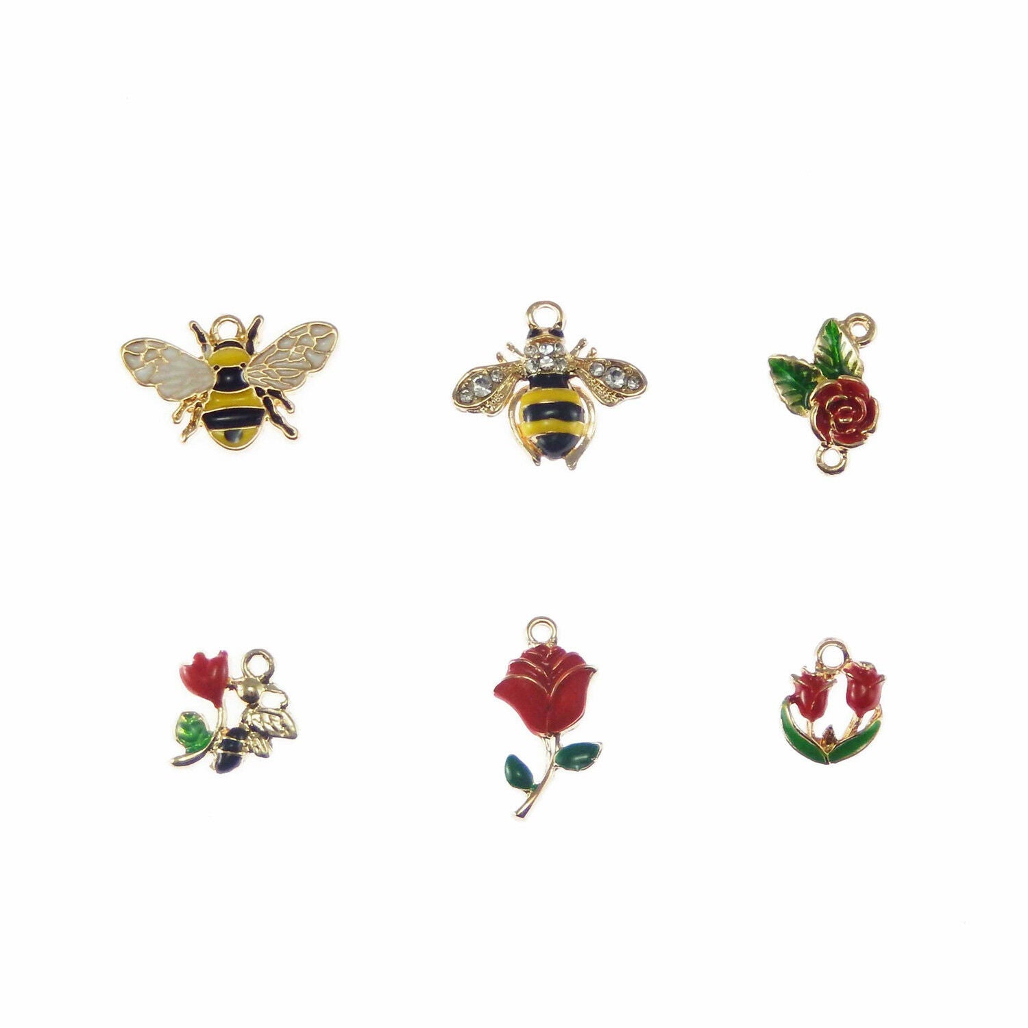 Lot of 6 Mix Enamel Plated Metal Flowers and Honey Bees Charm Pendant Findings