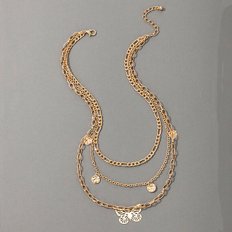 Multilayer Butterfly Charms Chunky Chain Necklace For Women Pendants Jewe.l8