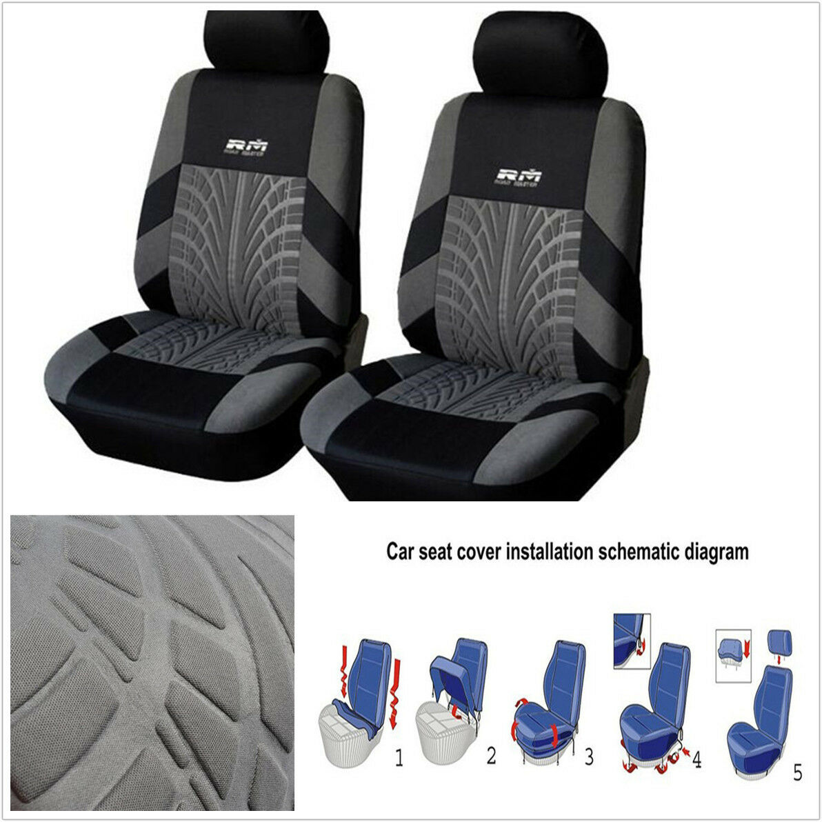 2 Piece Black with Grey Washable Car Truck Front Seat & Removable Headrest Cover