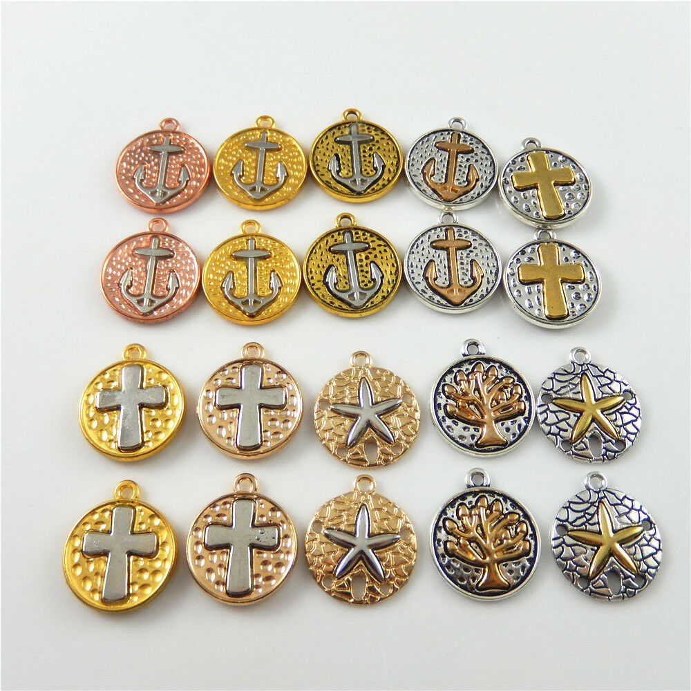 20 Assorted Cross Starfish Pendant Alloy Round Nautical Charm Jewelry Craft 19mm