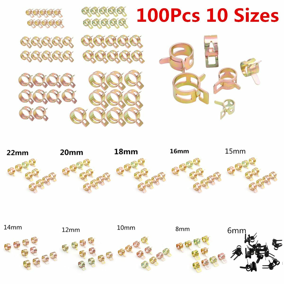 100Pcs 6-22mm Fuel Oil Water Hose Pipe Tube Spring Clip Clamp Fastener 10 Sizes