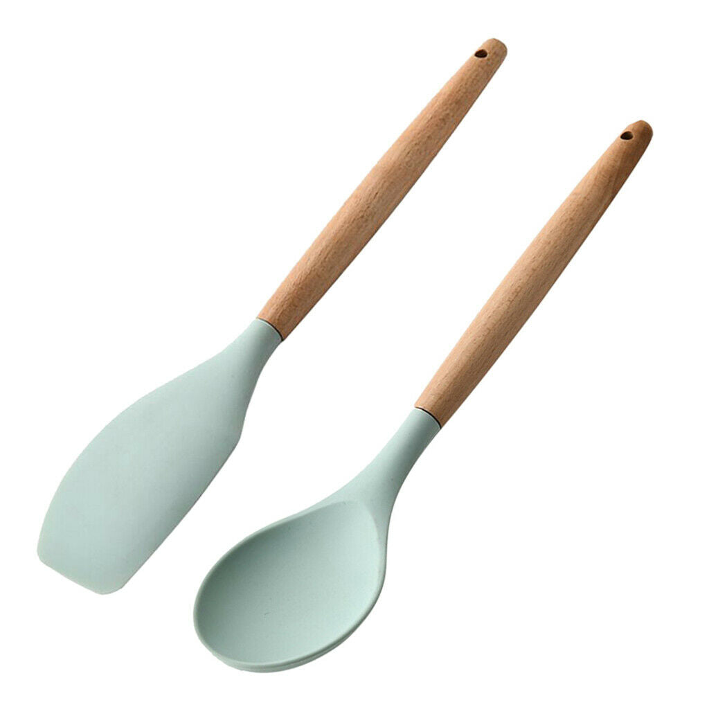Spoon & Spatula Utensils Set Heat Resistant with Natural Wooden Handle