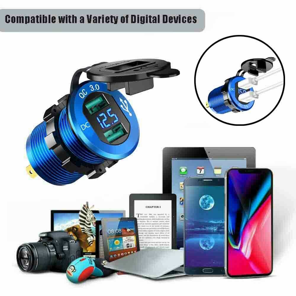 QC3.0 Aluminum Dual CAB Car Lighter Socket Charger Digital Voltmete