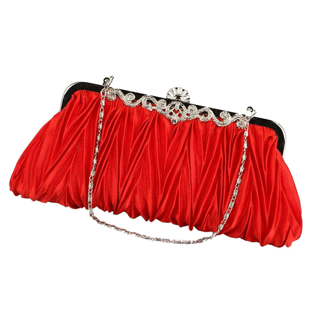 Satin Evening Handbag Shoulder Chain Bag Crystal Wedding Clutch Red