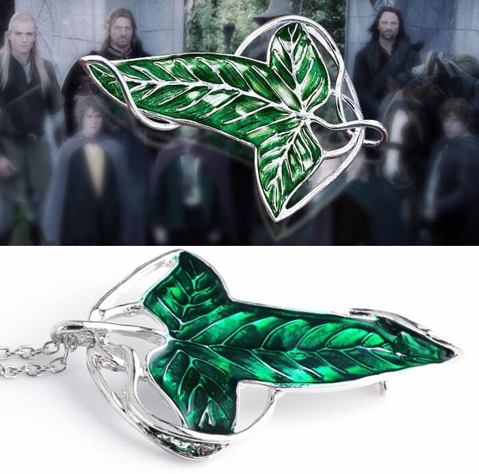 Retro Fine Lord of The Rings Green Leaf Elven Pin Brooch Pendant Chain Necklace