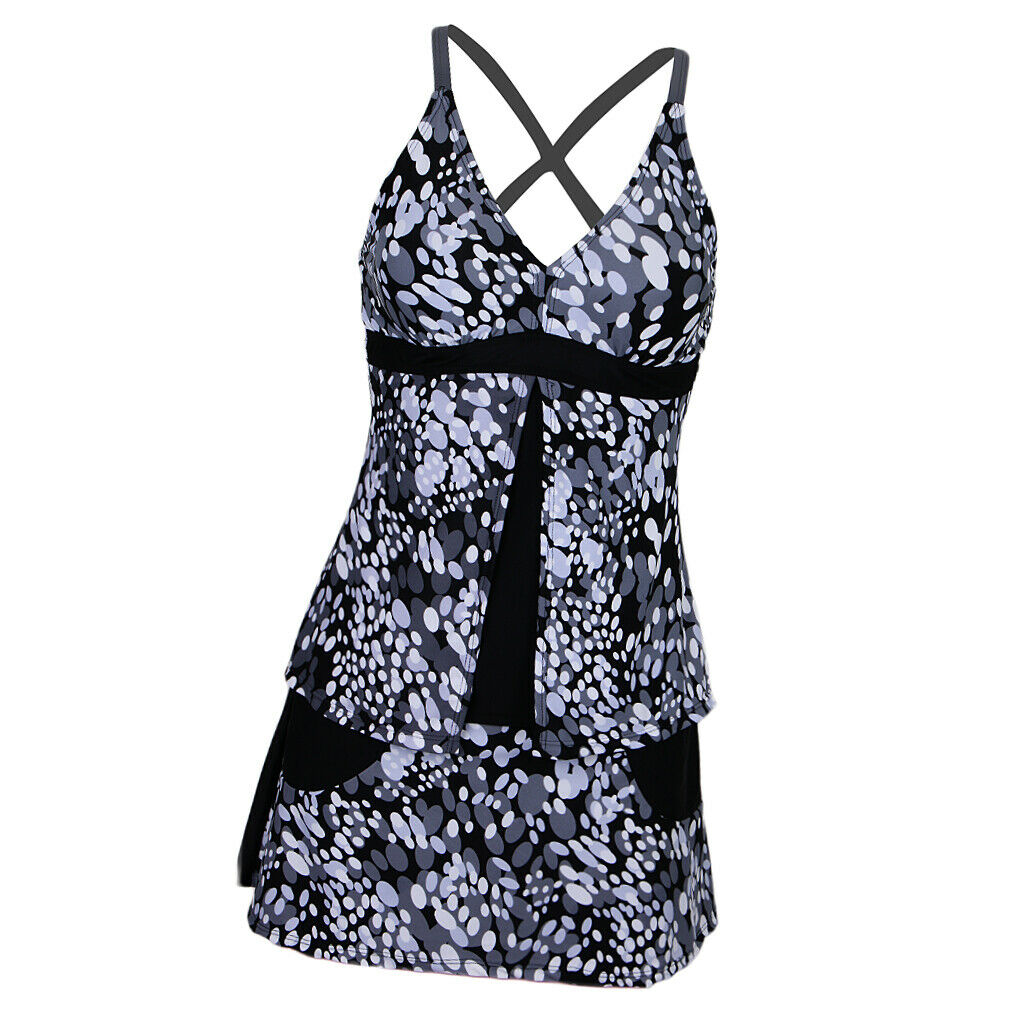 Women Oval Print Two Piece Tankini Top Skirt Bottom Swimsuit Beachwear 3XL