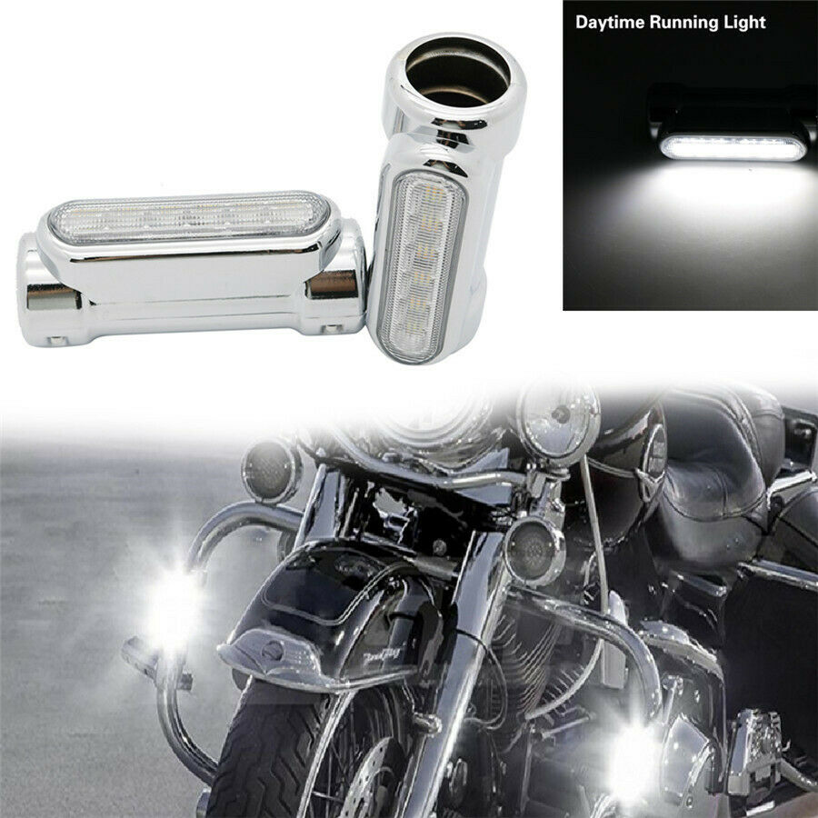 2x Chrome Motorcycle Crash Bar White LED Driving Light Amber Turn Signal Light