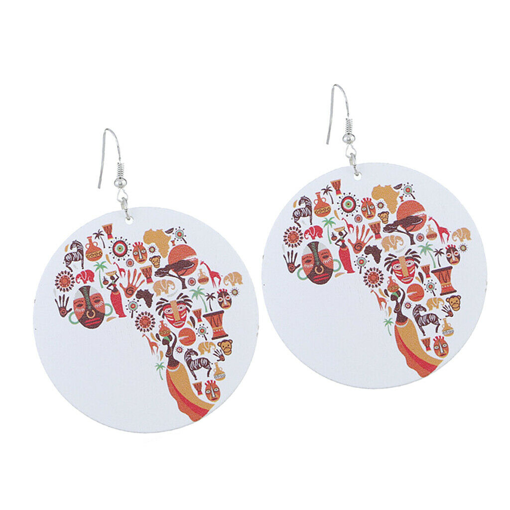 Color geometric round wood printing combination African map earrings wood