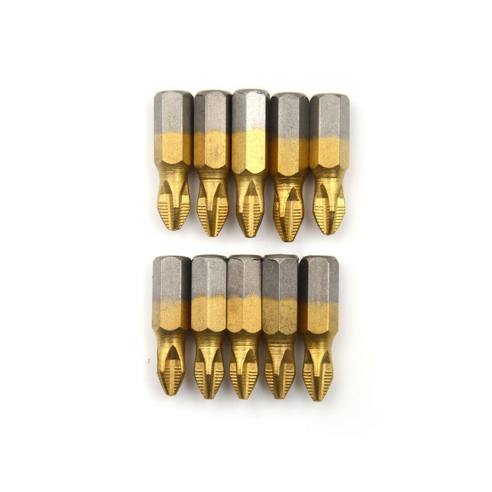 10Pcs/set 1/4" Titanium Coated Anti Slip Hex Shank PH2 Screwdriver Bit 25mDD