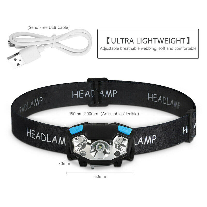 LED Headlamp USB Rechargeable Motion Sensor Head Lamp Headlight Flashlight+Cable