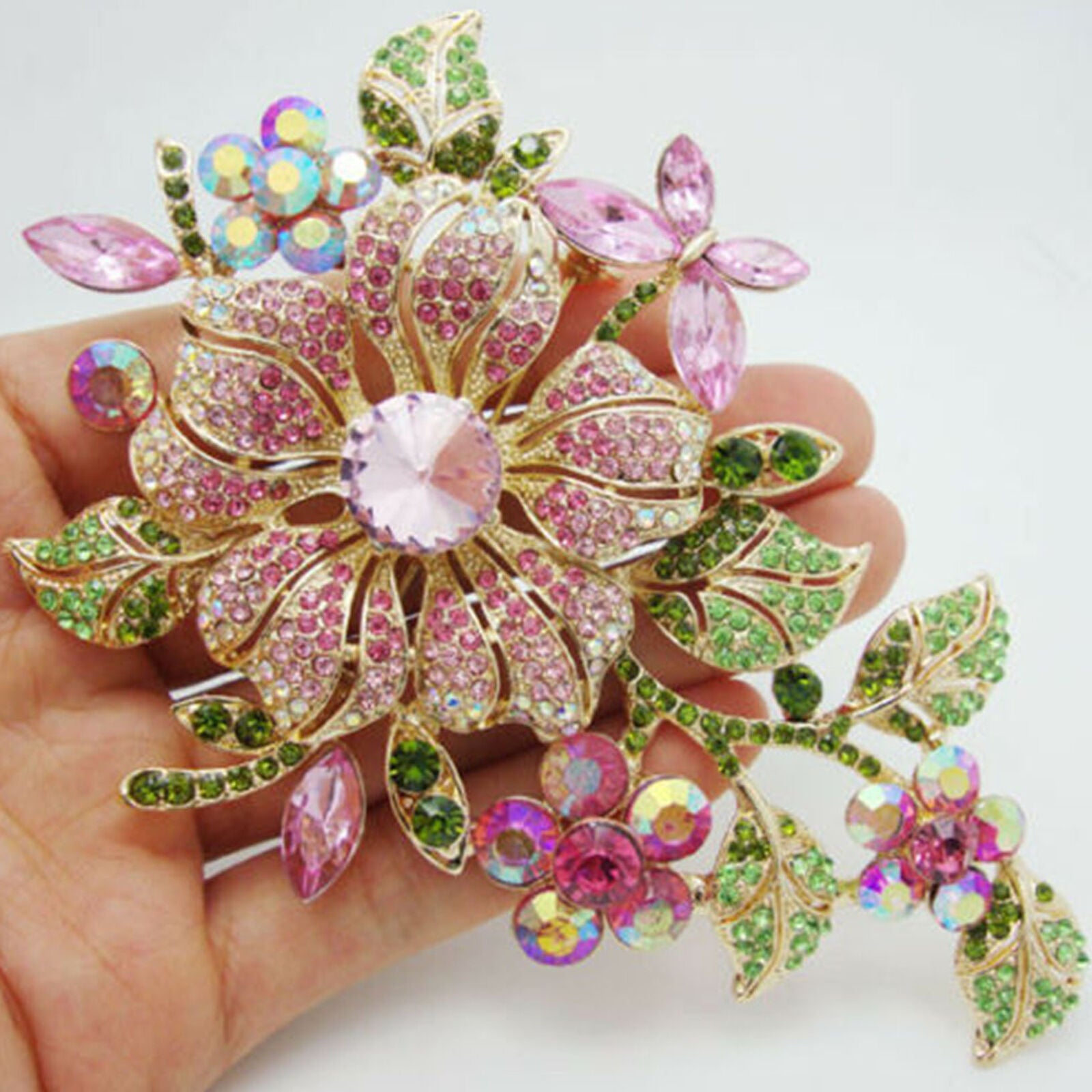 High quality Fashion Pretty Orchid Pink Rhinestone Crystal Flower Brooch Pin