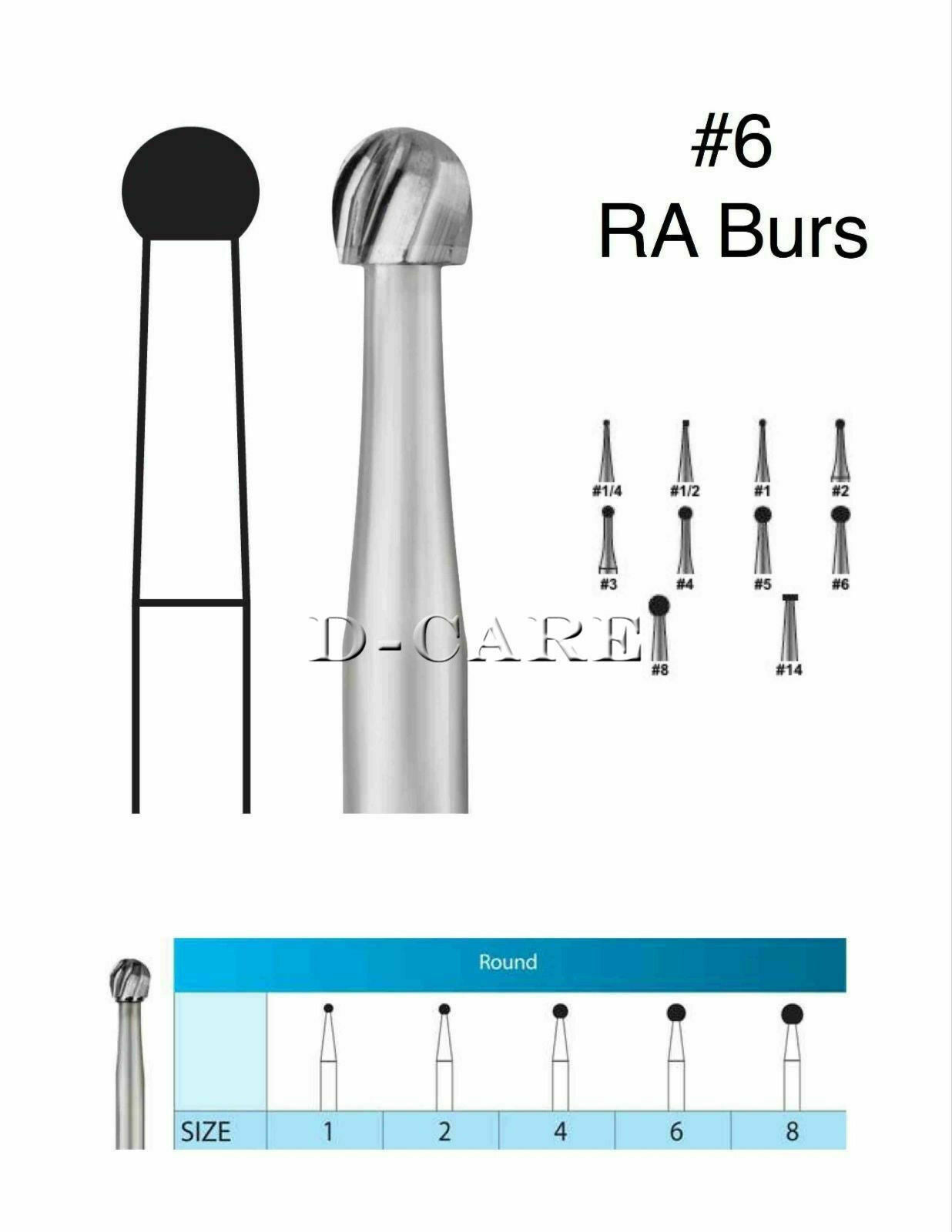 50Pcs Dental RA-6 Round Carbide Bur For Slow Speed Latch Type #6 RA Bur