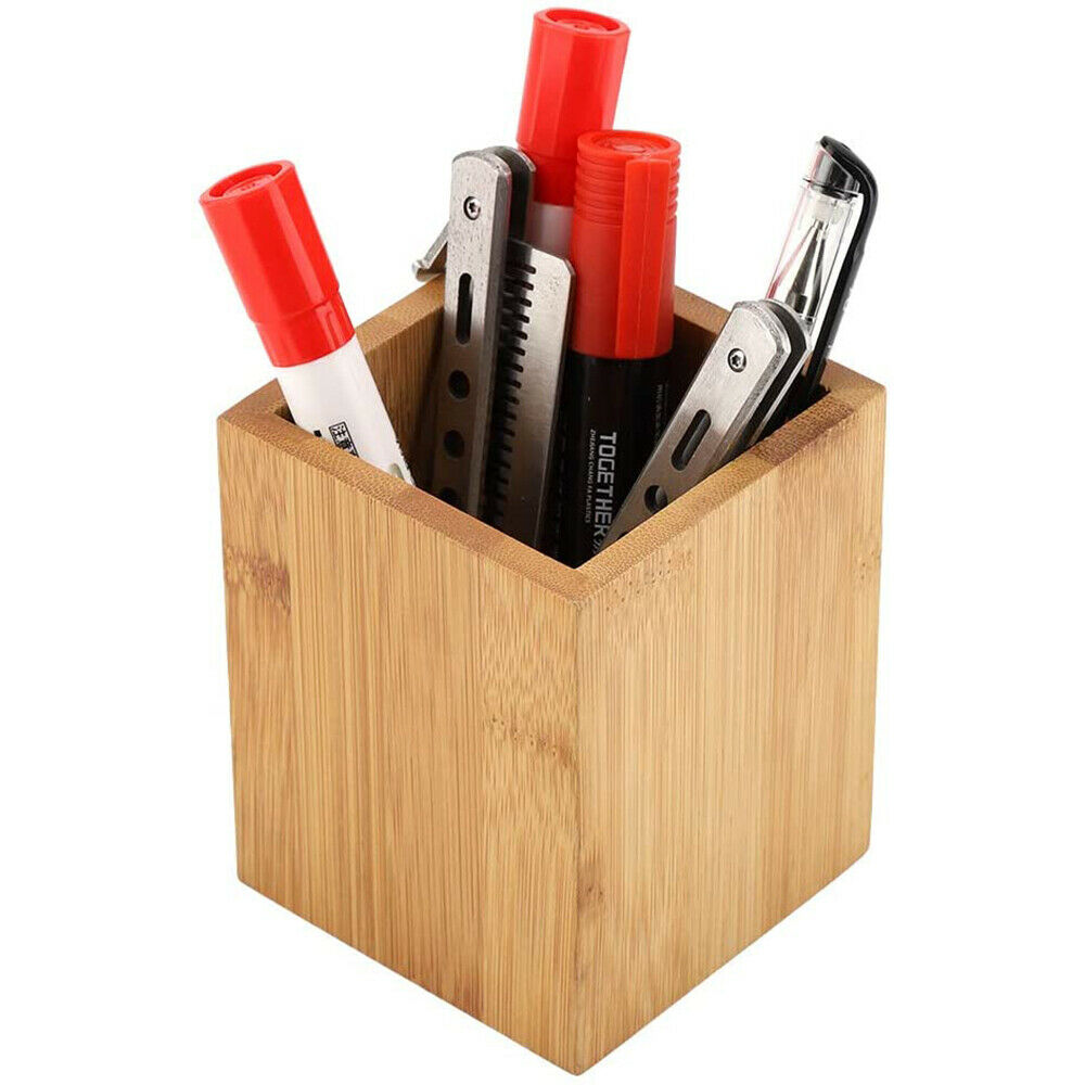 Bamboo Pen Pencil Holder Makeup Brush Storage Office Stationery Organizer Square