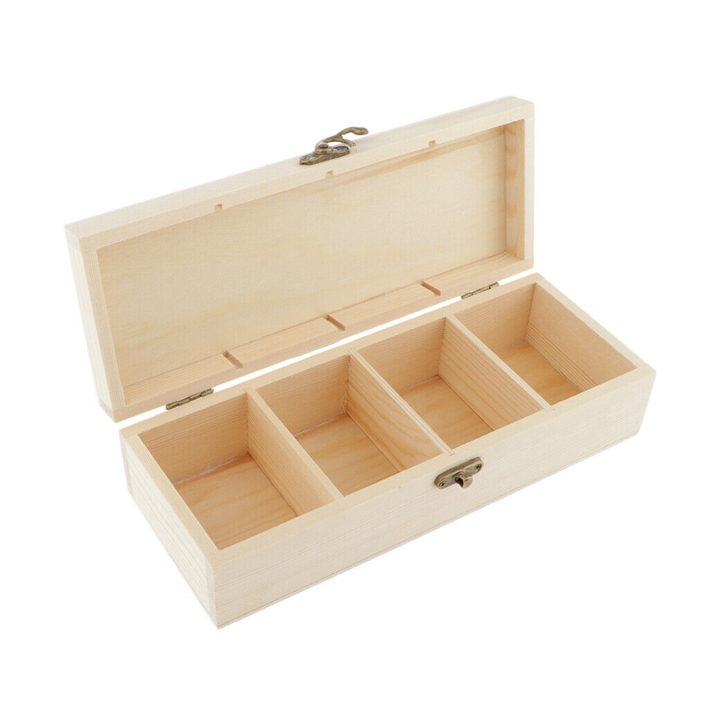 Wood Jewelry Box Tea Box Earring Ring Storage Box Holder w/ Clasp 4 Grids