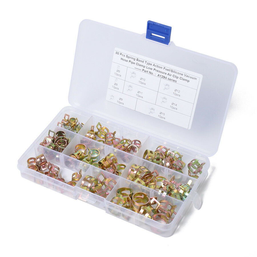 80pc Fuel Line Hose Spring Clip Water Pipe Air Tube Clamp Fastener 6-15mm 8 Size