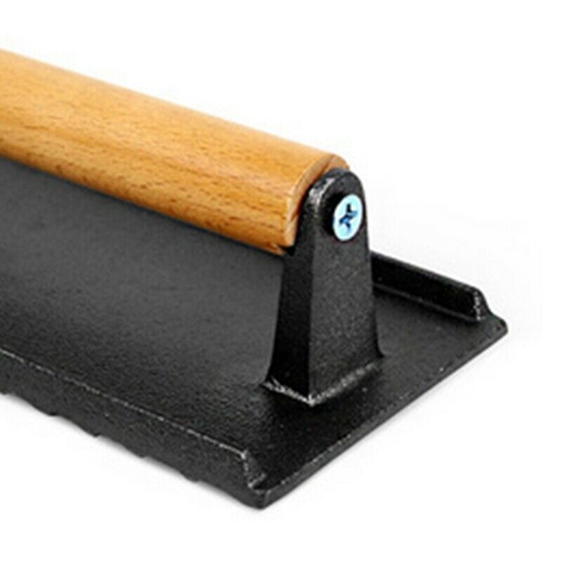 Rectangle BBQ Tool Cast Iron Wooden Handle Steak Plate Meat Press Grill FrieT8F8