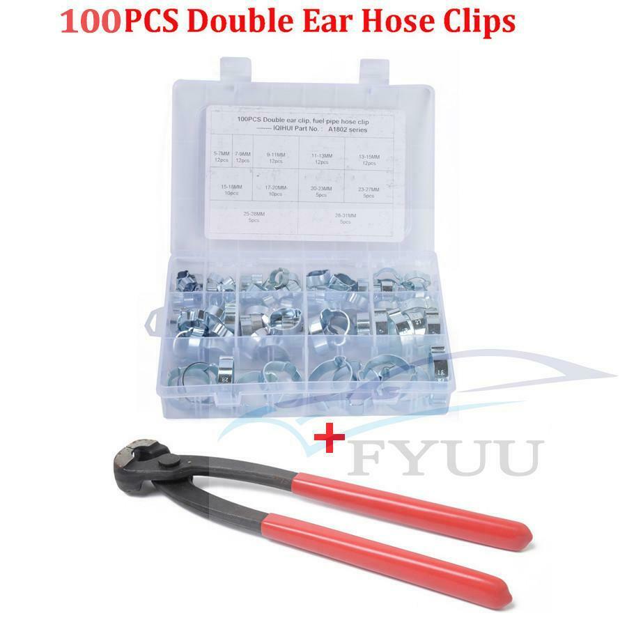 100X Double Ear Hose Clips Water Fuel Air Clamps 5-31MM Zinc Plated Box + Pliers
