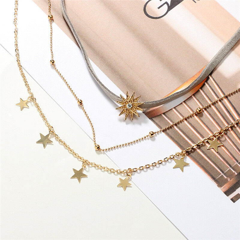 Lady Sun Star Pendant Choker Chunky Chain Multi Layer Boho Necklace Jewel.l8