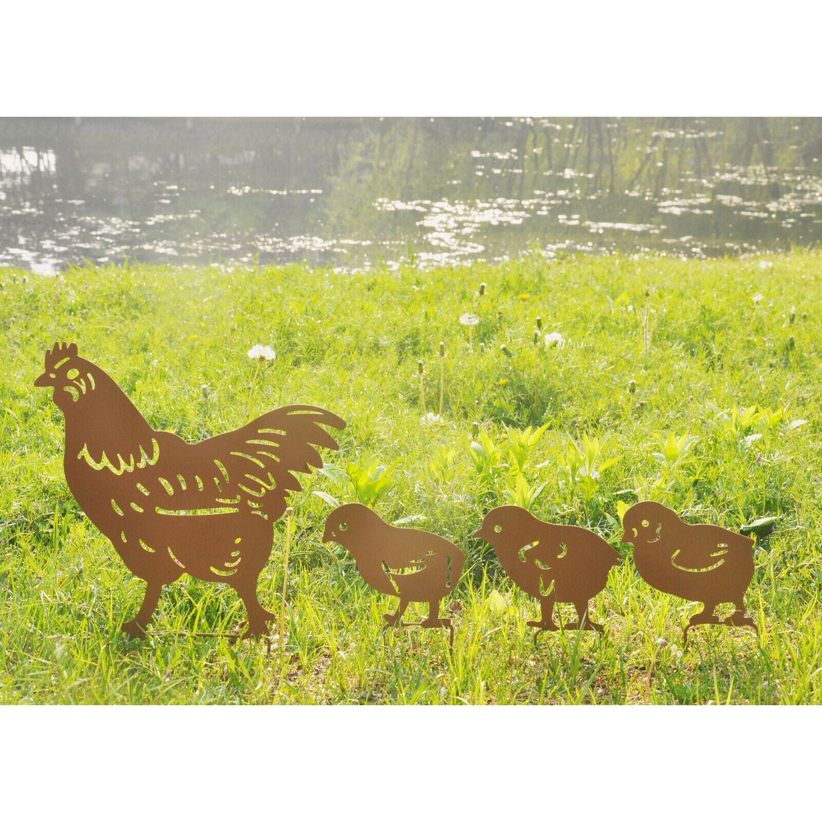 4x Chicken Family Silhouette Hollow Out Garden Yard Art Chicken Statue
