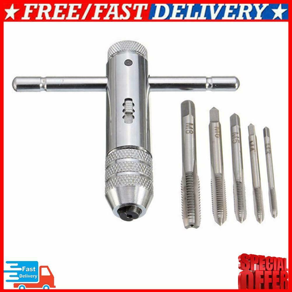 5pcs T-handle Screw Tap Ratchet Taps with Spanner Wrench Drift Holder Tool Set