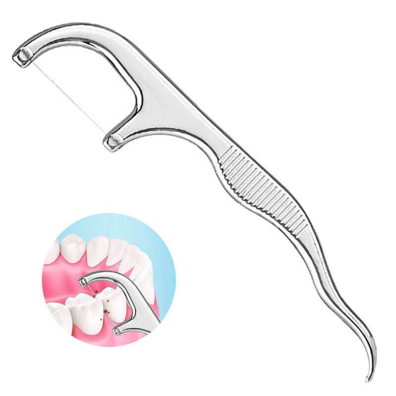 Stainless Steel Toothpick Dental Floss Reusable Flossing Holder Teeth Clean XC