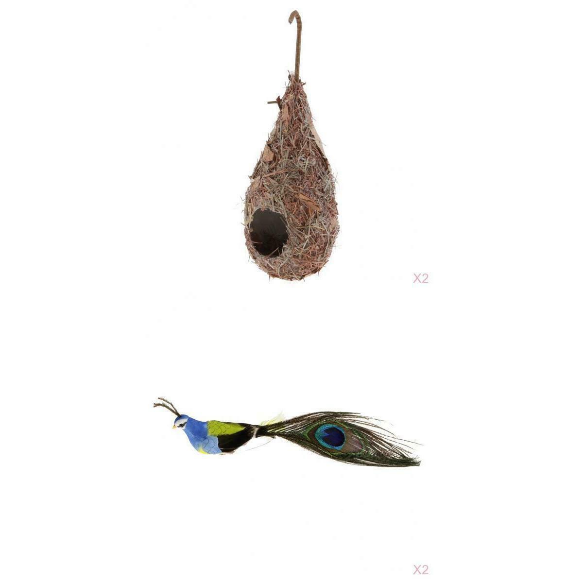 2pcs Artificial Birds Decoration + 2x Straw Bird Nest Water Drop Cave Parrot