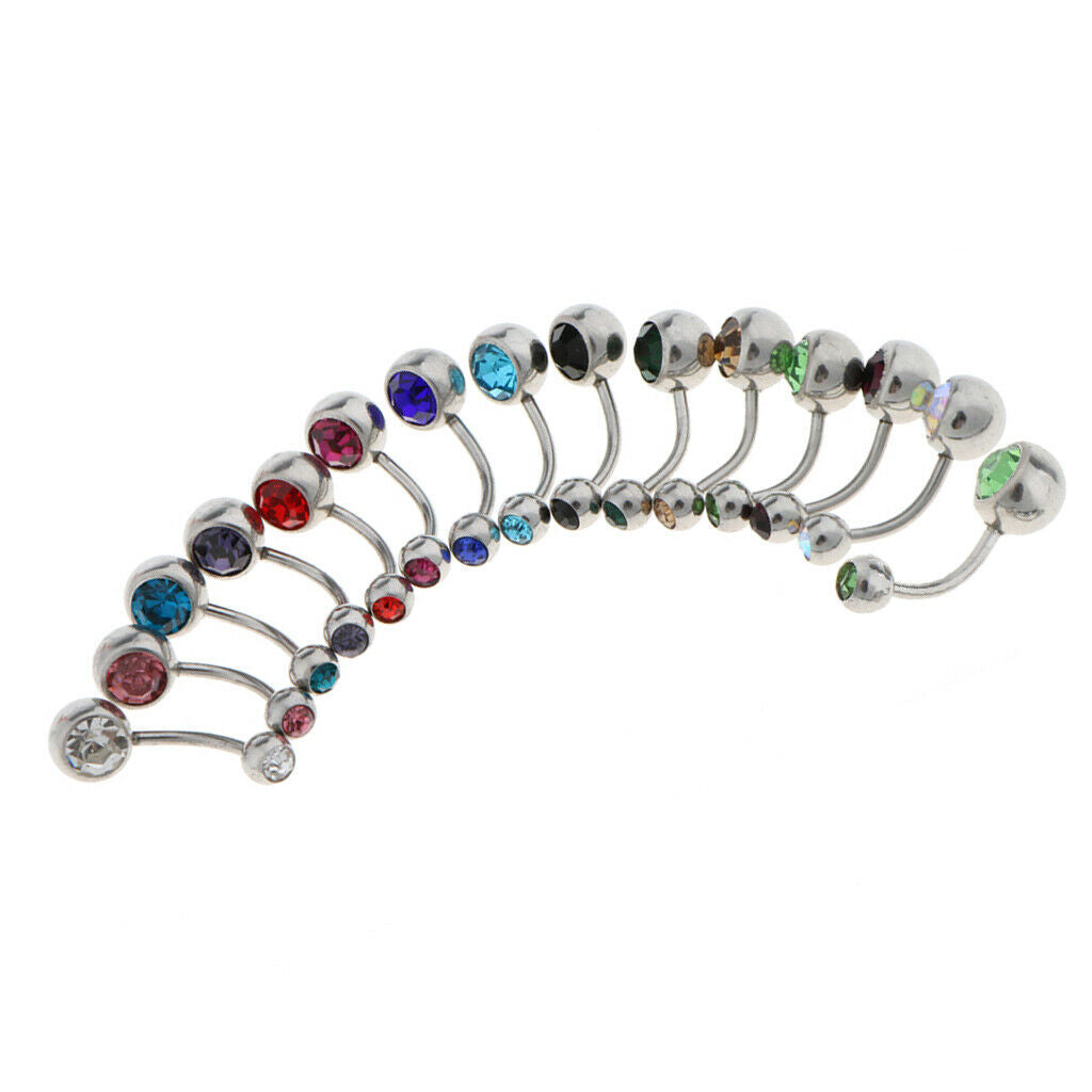 15pcs Belly Bar Double Gem Navel Barbell Belly Button Stainless Steel 14g