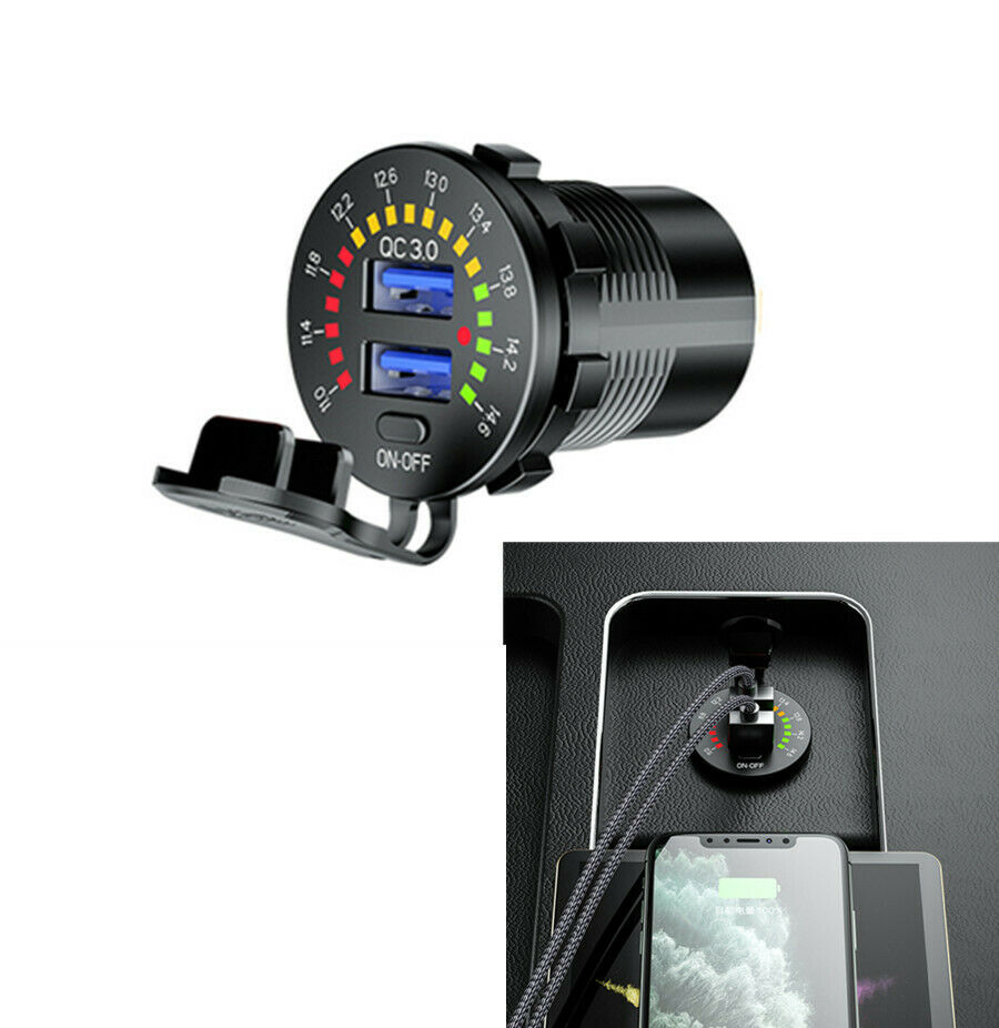 Car USB Socket QC 3.0 Dual USB Charger Voltage Meter On Off Switch Phone Charger