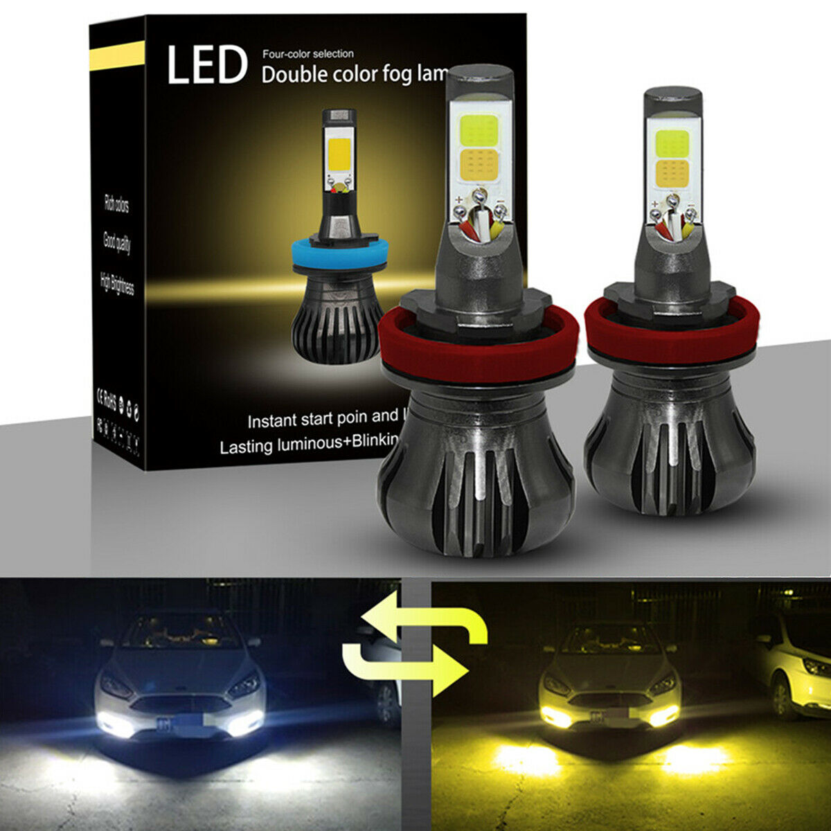 2x White/Yellow COB LED Fog Light H8 H9 H11 Flash Dual Color blinking rapidly